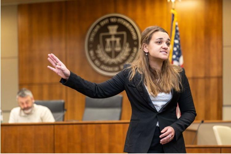 Second-year law student Devon Cable competes in the Ben Franz First-Year Mock Trial Competition in 2023.